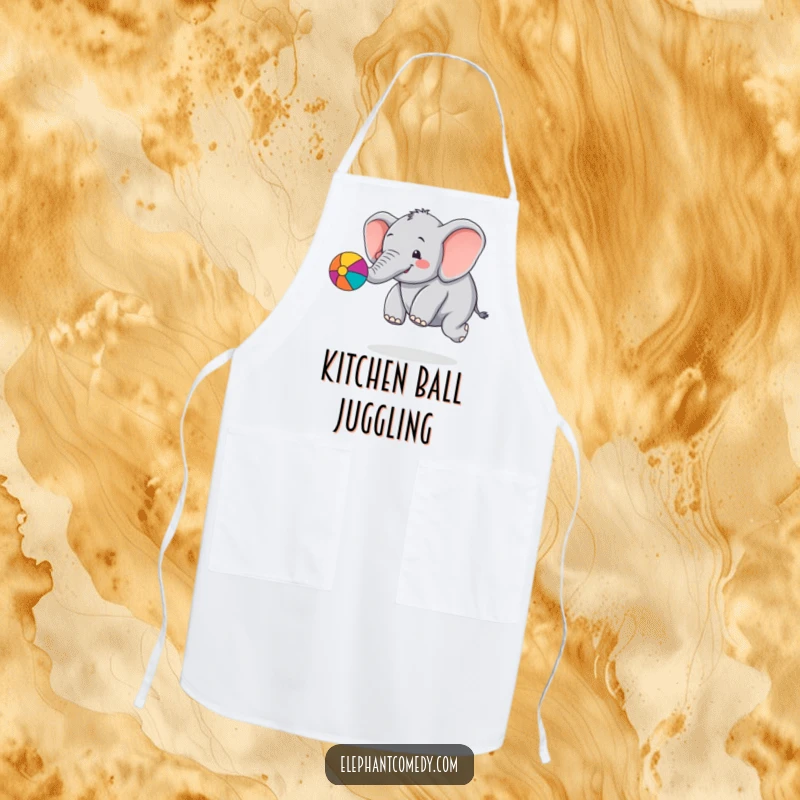 Funny chubby elephant apron featuring a cute cartoon elephant character bouncing a colorful ball with its trunk, a fun kitchen accessory.