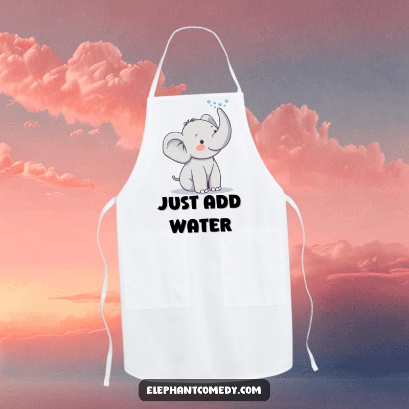 Funny elephant apron featuring a cute grey elephant character playfully spraying water from its trunk, ideal for a humorous kitchen accessory.
