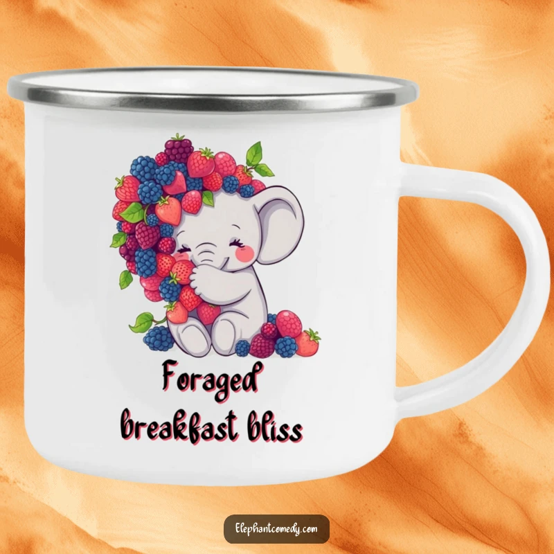 Funny elephant camping mug featuring a sweet grey elephant character embracing a large pile of berries, ready for outdoor enjoyment.