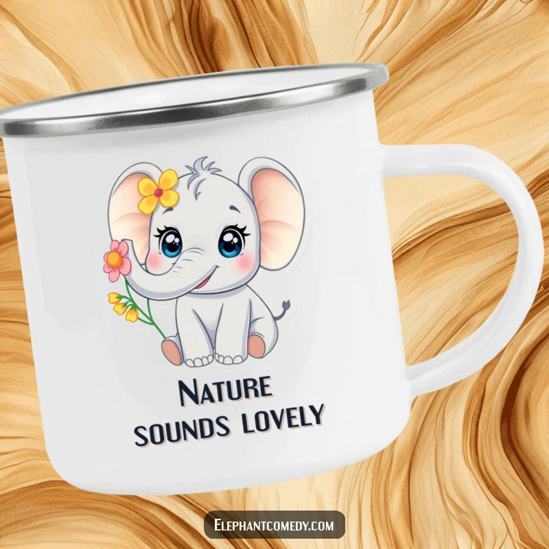 Funny baby elephant camping mug featuring a cute elephant with large eyes joyfully trumpeting with a flower, ready for outdoor enjoyment.