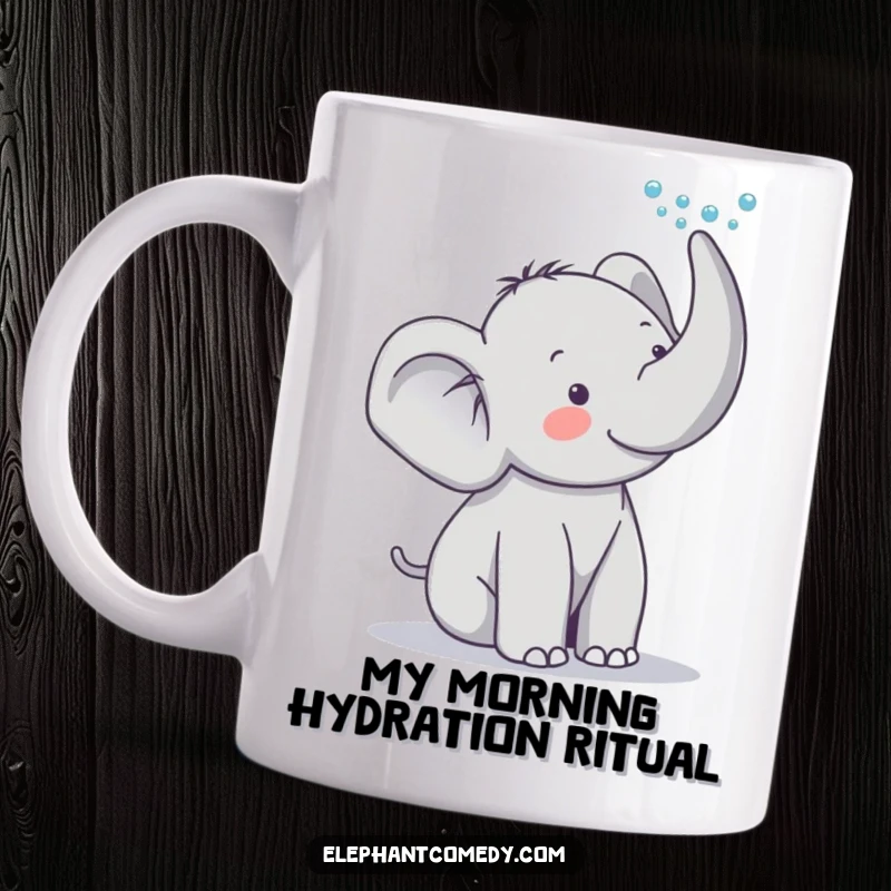 Funny elephant mug with a cute grey elephant character playfully spraying water from its trunk, looking joyful and full of mischief.