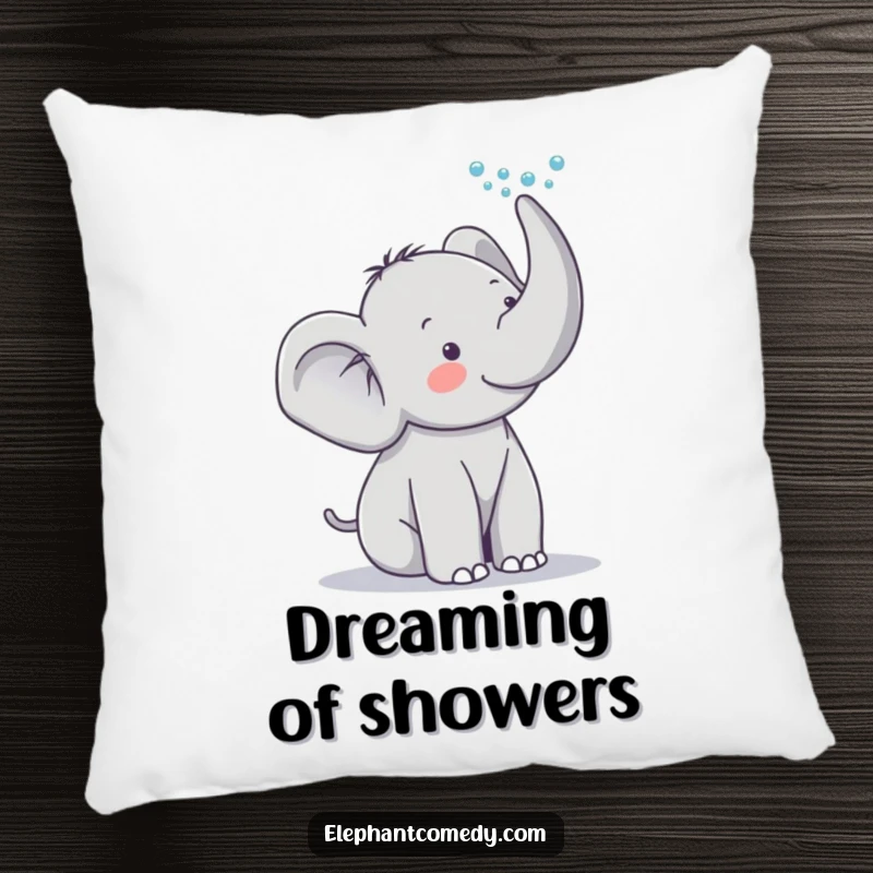 Funny elephant pillow showcasing a cute grey elephant character playfully spraying water from its trunk, adding comfort and humor to any setting.