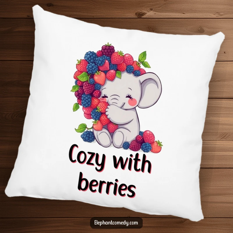 Funny elephant pillow showing a sweet grey elephant character embracing a large pile of berries, adding comfort and cheerful decor.