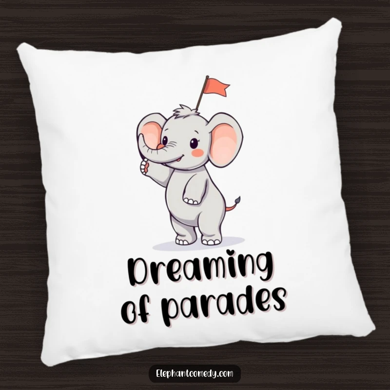 Funny tiny elephant pillow showing a small elephant character standing on its hind legs and waving a small flag, adding comfort and festive decor.