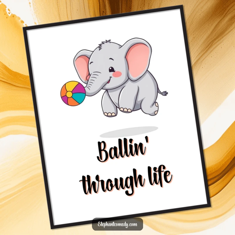 Funny chubby elephant digital art print of a cute cartoon elephant character bouncing a colorful ball with its trunk, vibrant and full of life.