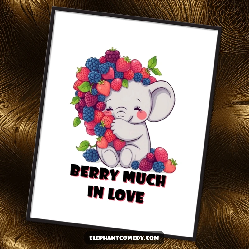 Funny elephant digital art print of a sweet grey elephant character embracing a large pile of colorful berries, vibrant and full of joy.