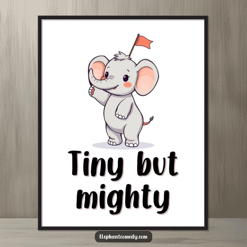 Funny tiny elephant digital art print of a small elephant character standing on its hind legs and waving a small flag, vibrant and full of joy.