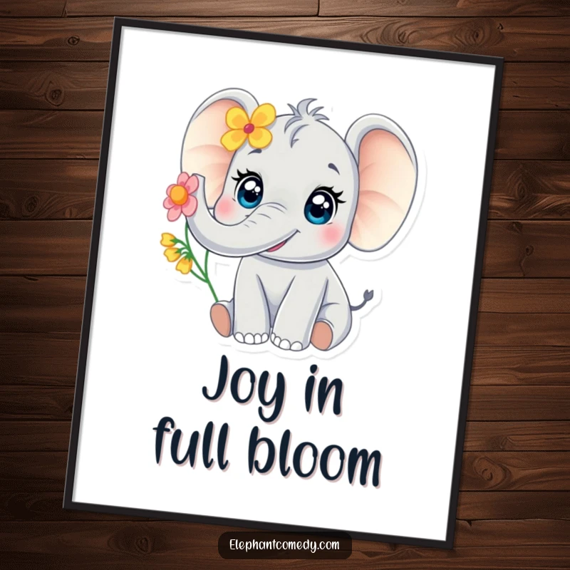 Funny baby elephant digital art print of a cute elephant with large eyes joyfully trumpeting with a flower, radiating sweetness and joy.