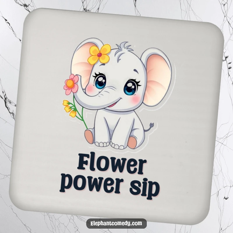 Funny baby elephant drink coaster showing a cute elephant with large eyes trumpeting with a flower, a sweet and protective tabletop accessory.