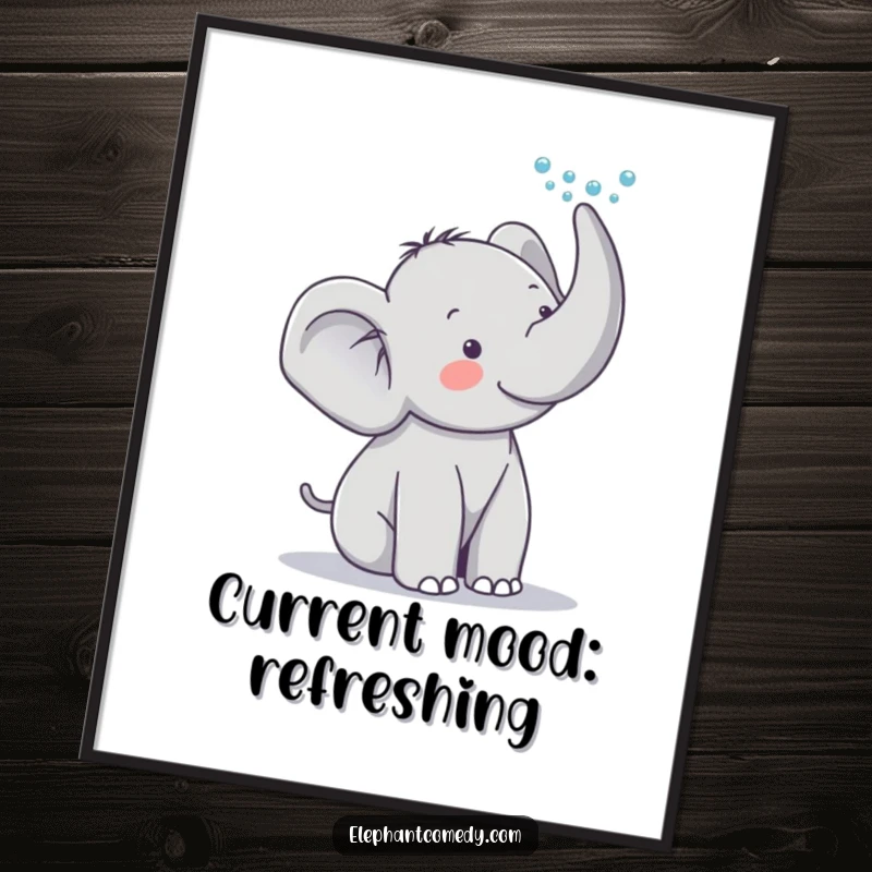 Funny elephant poster displaying a cute grey elephant character gleefully spraying water upwards from its trunk, creating a lively scene.