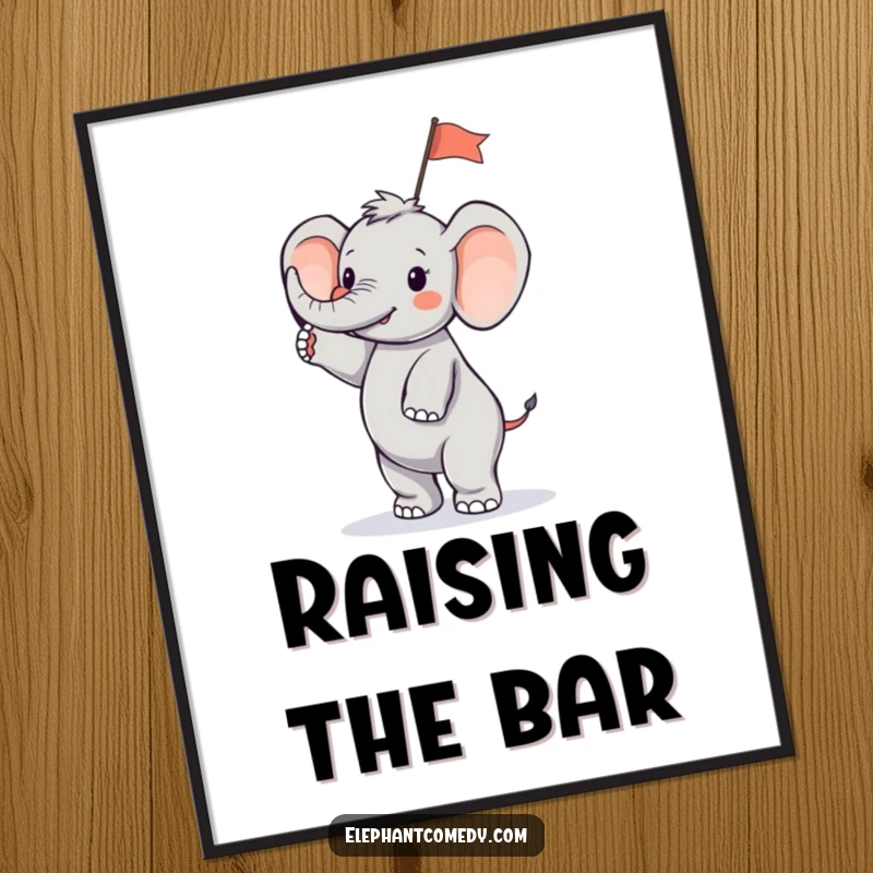 Funny tiny elephant poster displaying a small elephant character standing on its hind legs, joyfully waving a small flag, creating a festive scene.