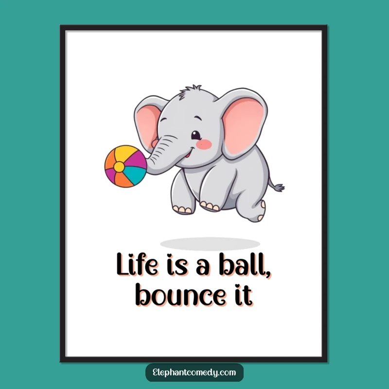 Funny Free Printable Wall Art: Chubby Elephant Bouncing Ball, Whimsical Downloadable Decor