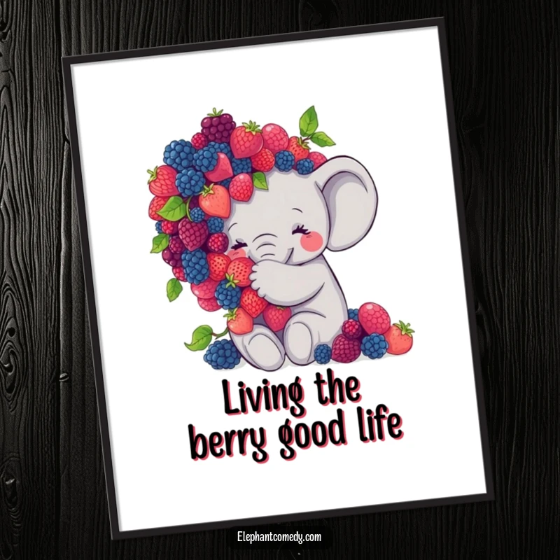Funny Free Printable Wall Art: Adorable grey elephant affectionately embracing a large pile of colorful berries, creating a scene of sweet delight.