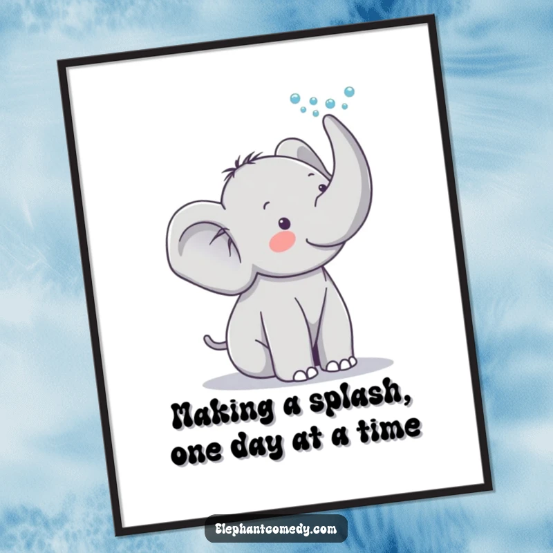Funny Free Printable Wall Art: Whimsical grey elephant joyfully spraying water from its trunk, creating a playful and artistic shower.
