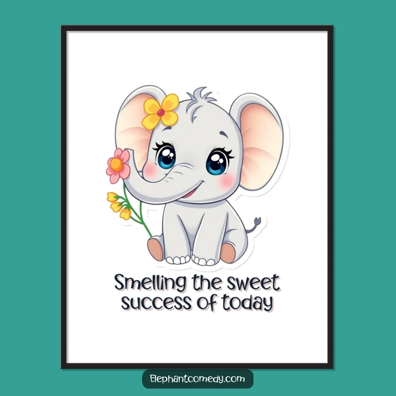 Funny Free Printable Wall Art: Baby Elephant Trumpets Flower, Whimsical Downloadable Decor