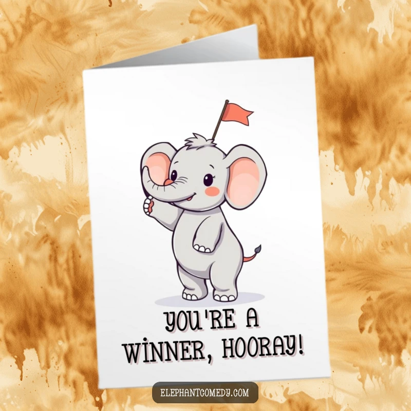 Funny Free Printable Congrats Card: Tiny elephant on hind legs waving a small flag, a symbol of joyful accomplishment and celebration.