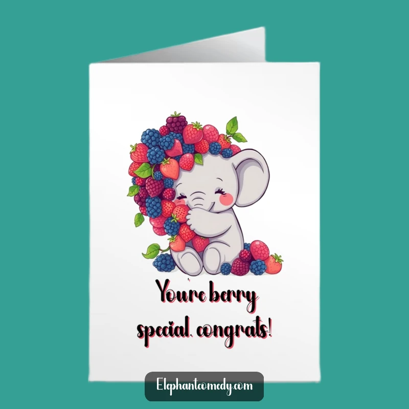 Free Printable Congrats Card: Sweet Elephant Hugs Berries, Delightful Downloadable Greeting