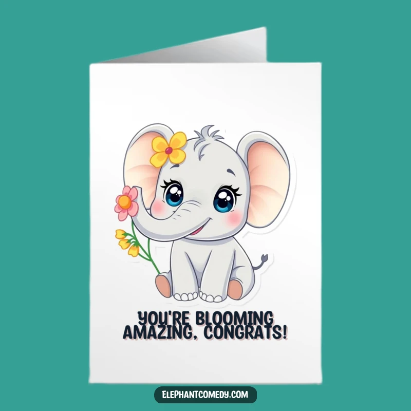 Free Printable Congrats Card: Baby Elephant Trumpets Flower, Joyful Downloadable Greeting