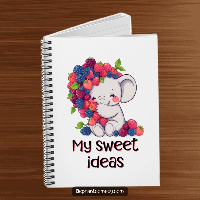 Funny elephant notebook with a sweet grey elephant character embracing a large pile of colorful berries, ideal for jotting notes with a smile.