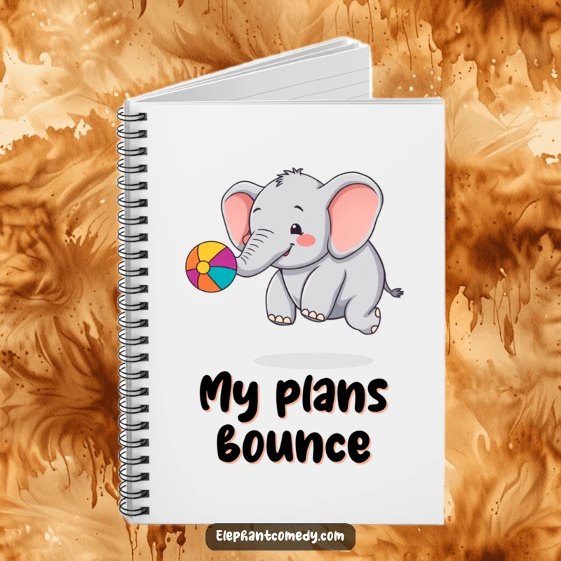 Funny chubby elephant notebook with a cute cartoon elephant character bouncing a colorful ball with its trunk, ideal for jotting notes with a smile.