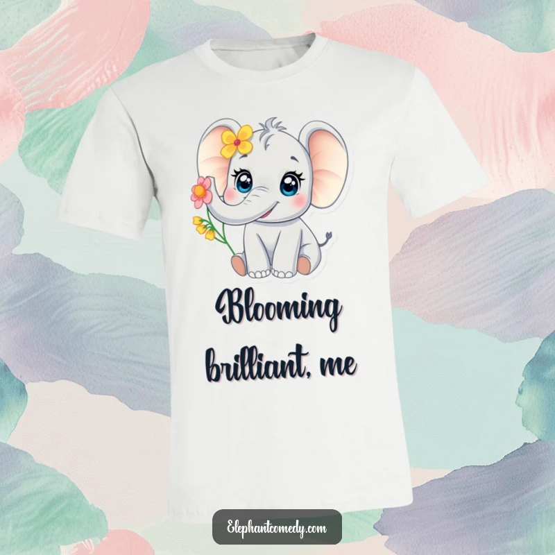 Funny baby elephant t-shirt showing a cute elephant with large eyes joyfully trumpeting with a colorful flower in its trunk.