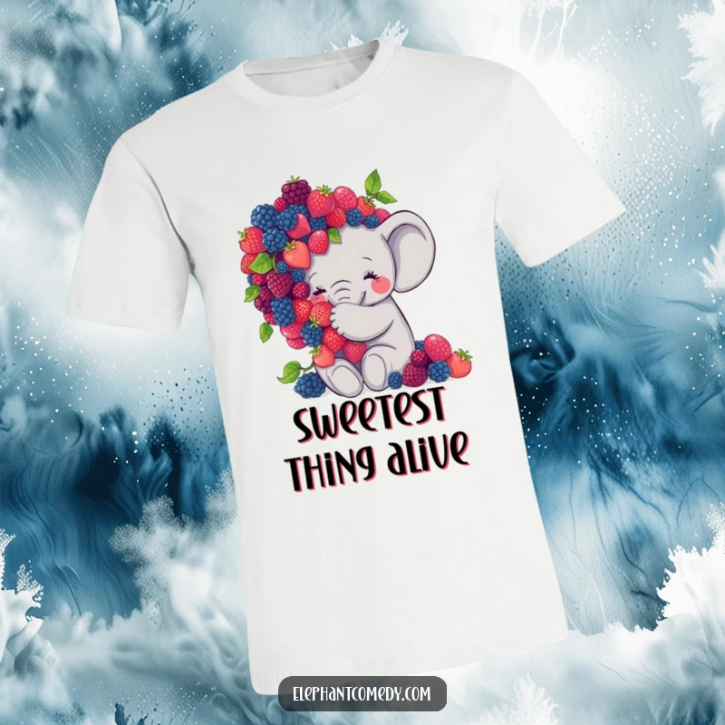 Funny elephant t-shirt featuring a sweet grey elephant character hugging a large pile of colorful berries with affection.