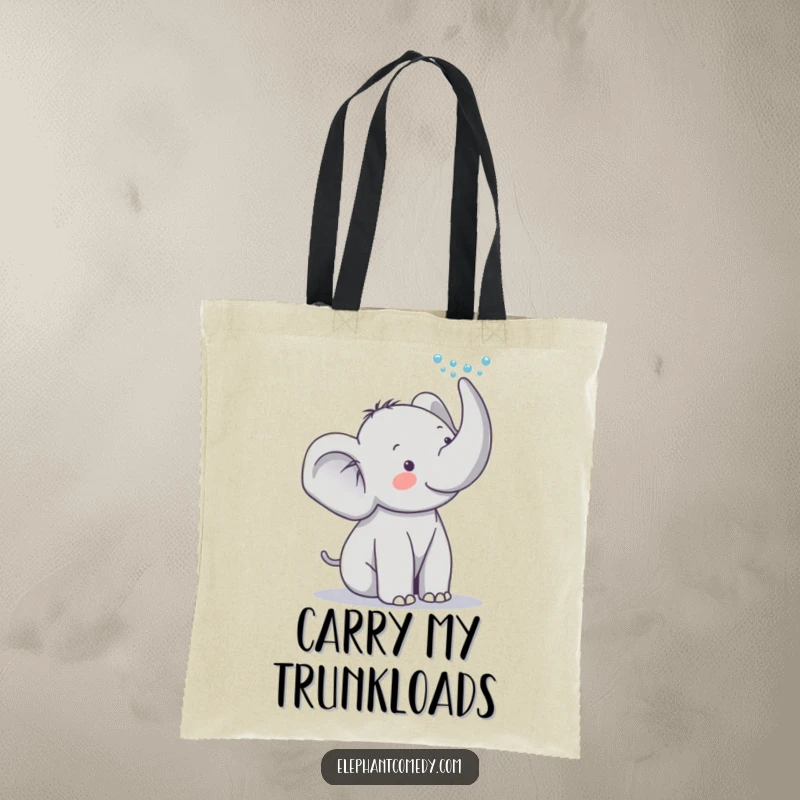 Funny elephant tote bag with a cute grey elephant character playfully spraying water from its trunk, a delightful and humorous accessory.