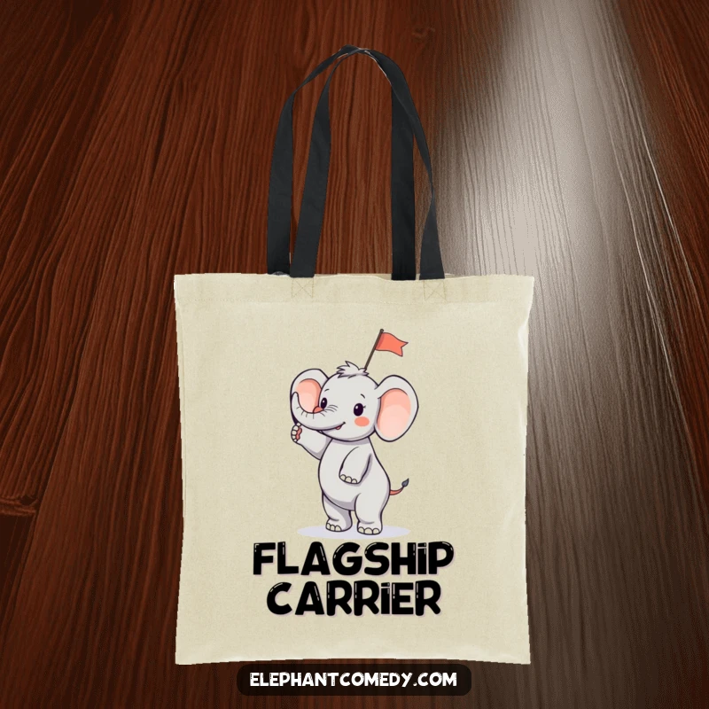Funny tiny elephant tote bag with a small elephant character standing on its hind legs and waving a small flag, a humorous and practical bag.