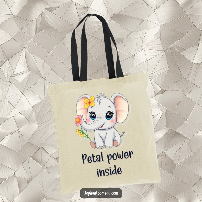 Funny baby elephant tote bag showcasing a cute elephant with big eyes trumpeting with a flower, a charming and practical accessory.